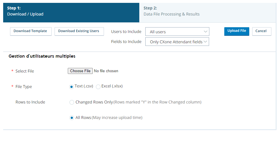 The Manage Multiple Users page, showing the Only CXone Attendant fields option selected in the Fields to Include drop-down.